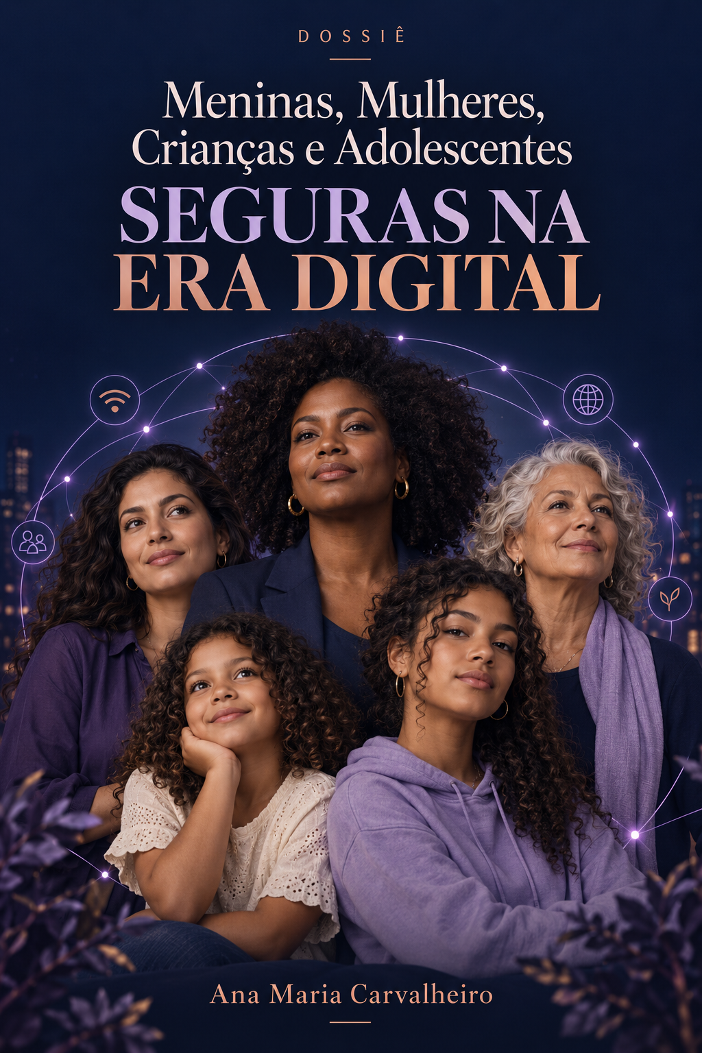 Capa do dossiê: meninas e mulheres de diferentes gerações sobre fundo azul e lilás